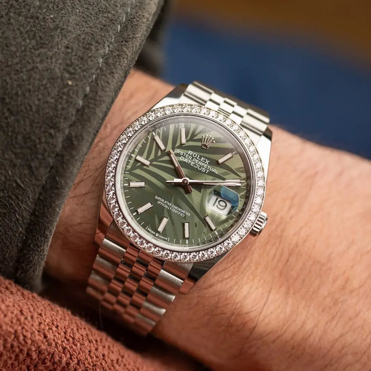 Rolex Datejust 36 M126284RBR-0039 – Olive Green Palm Motif Dial Diamond Bezel