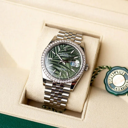 Rolex Datejust 36 M126284RBR-0039 – Olive Green Palm Motif Dial Diamond Bezel