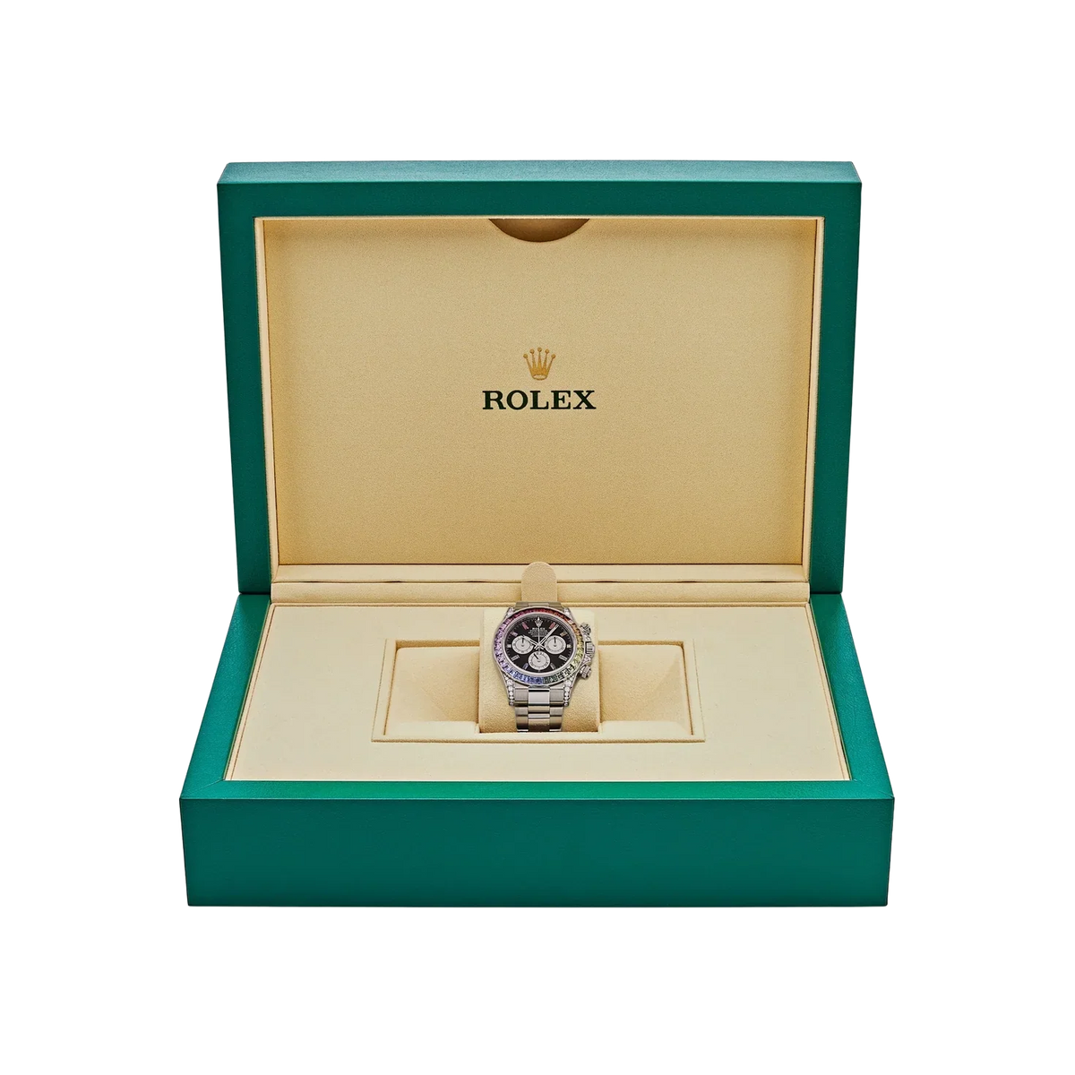 Daytona 40mm 116599RBOW Rainbow White Gold Black Dial